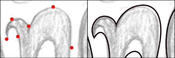 Two views of pencil art; left view shows points placed on curves of the type, and right view shows vector art created from those points