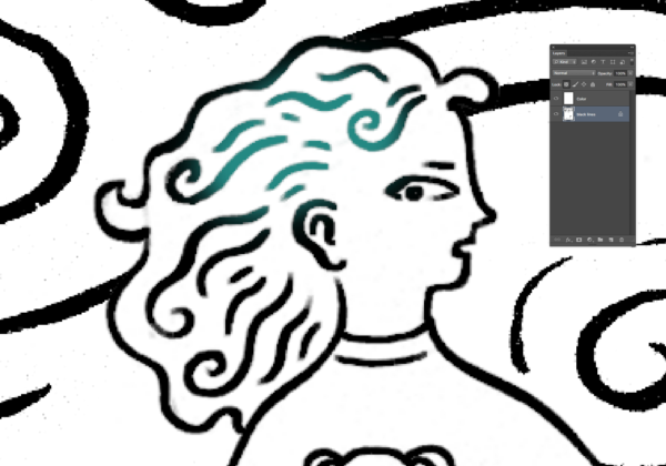 Detail of image of girl with black line art, but with parts of hair colored turquoise.