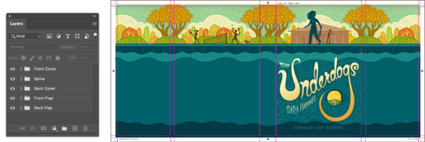 Layers panel in Photoshop, and the full mechanical art for the book cover at right
