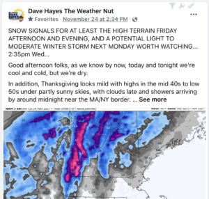 Facebook post from Dave Hayes the Weather Nut showing forecast and a weather map