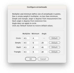 "Configure arrowheads" dialog showing settings for Multiplier, Minimum, and Angle for Circle, Simple, Slash, and Triangle arrowheads