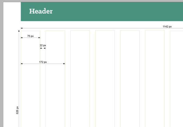 Magazine page grid with dimensions for columns marked up