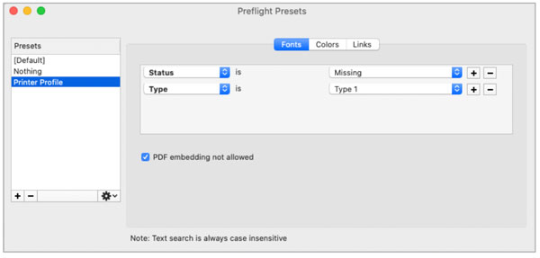 The Font section of InPreflight Pro’s Preset window