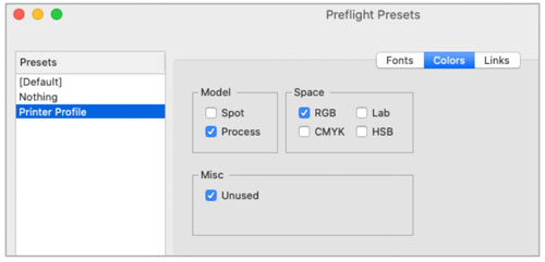 The Color section of InPreflight Pro’s Preset window