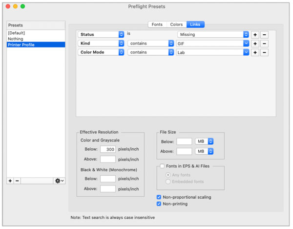 The Links section of InPreflight Pro’s Preset window