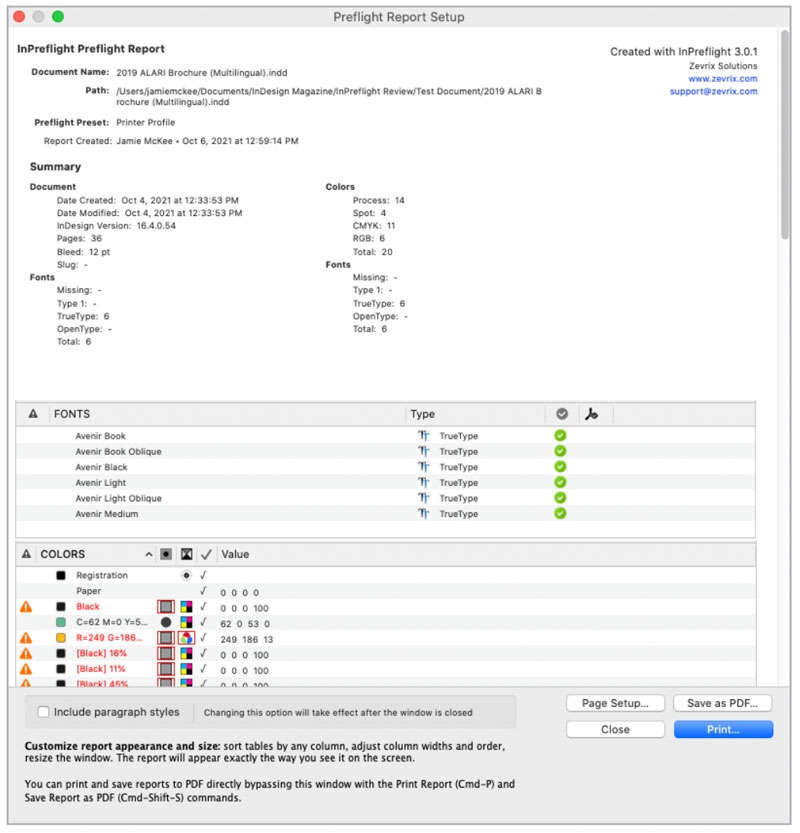 InPreflight Pro’s preflight report