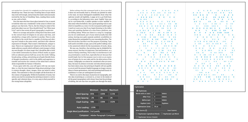 InDesign page layout with spaces highlighted and text hidden