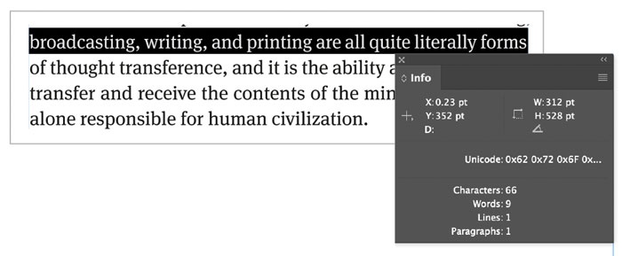 The Info panel in Adobe InDesign showing the number of text characters in a selection