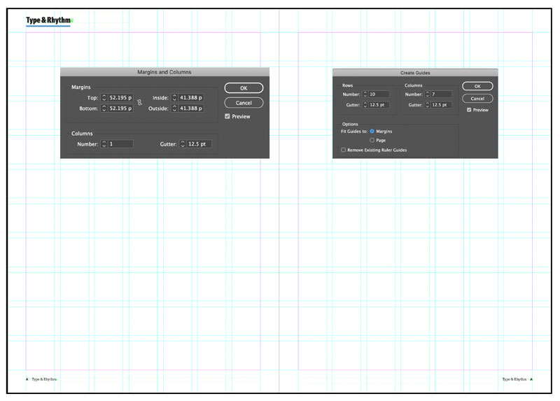 A modular grid for an A4 spread in Adobe InDesign using 7 columns and 10 rows
