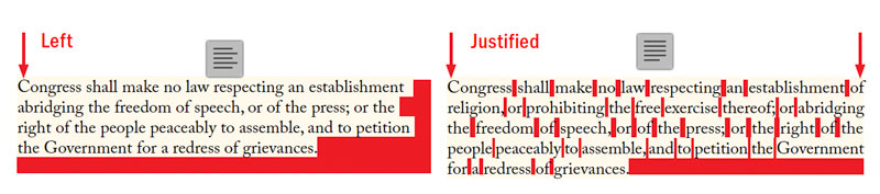 A comparison of left aligned text vs. justified text in Adobe InDesign