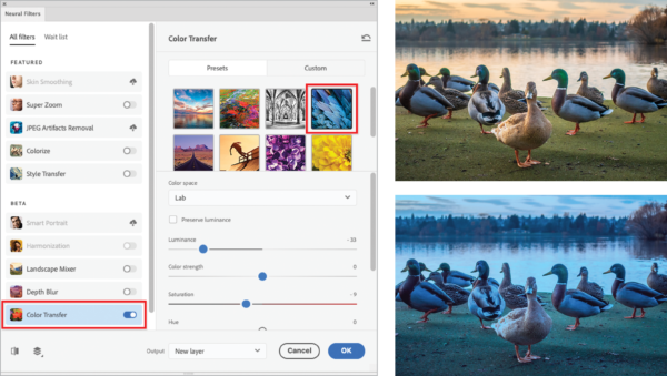 Same photo of ducks as figure 1 shows before image on top of after. Neural Filters panel with red box highlighting Color Transfer filter turned on. Color Transfer shows eight presets as sample photos. Selected photo with predominantly blue tones also highlighted with red box. Color sliders below show color space set to LAB, with sliders.