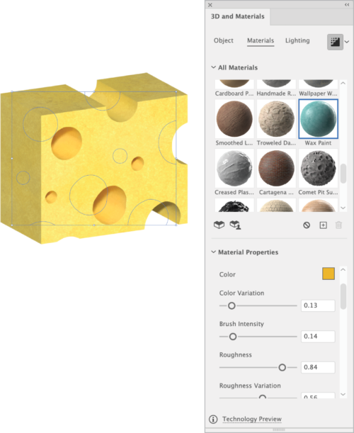 3D rendering of illustration of Swiss cheese in Illustrator, with 3D and Materials panel showing Wax Paint selected, and Material Properties set for Color, Color Variation, Brush Intensity, Roughness, and Roughness Variation. 