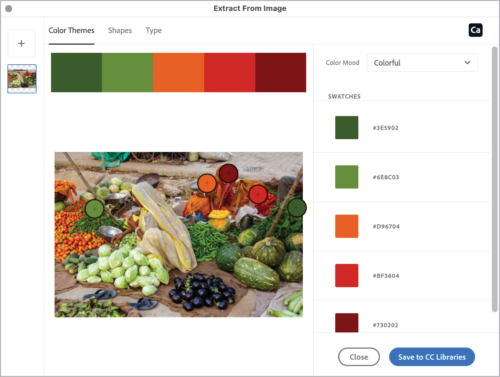 Extract From Image dialog box shows Color Themes section with photograph of fruit and five swatches of dark green, light green, orange, bright red, dark red.