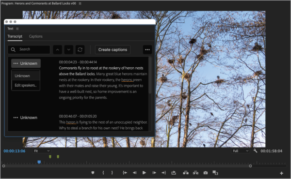 Film of birds and nest shown in Premiere Pro. Text panel shows Transcript section featuring Unknown speaker and transcribed text from the audio.