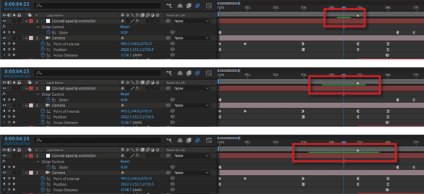 Three successive screen grabs of After Effects, with emphasis (red box) pointing out a green line of successively larger size.