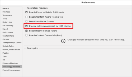 Technology Previews pane of Preferences panel shows "Precise color management for HDR display" emphasized with red box.
