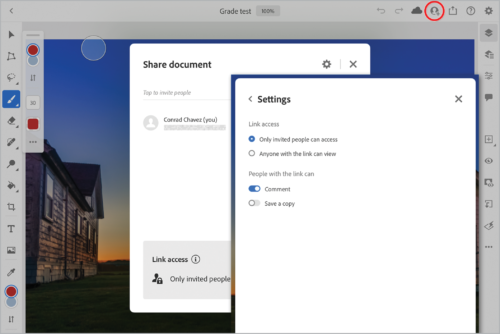 Silhouette icon on upper right of screen emphasized with red circle; Share document dialog box open; Settings dialog box open with "Only invited people can access" selected under Link Access and "Comment" turned on under "People with the link can." 