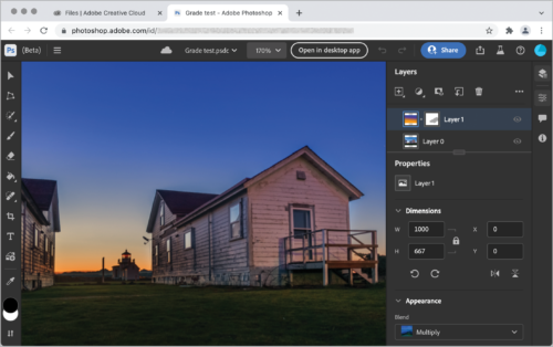 Web browser showing tab of Photoshop mobile interface