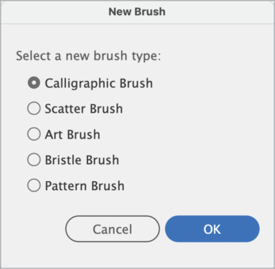 New Brush dialog box with options to Select a new brush type: Calligraphic Brush, Scatter Brush, Art Brush, Bristle Brush, Pattern Brush