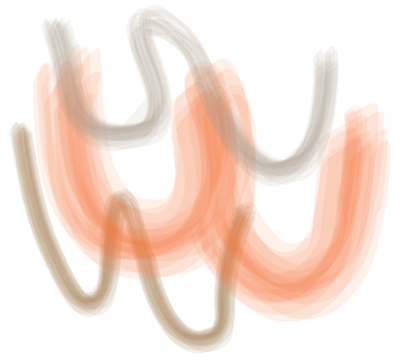 Three hand drawn squiggles. Top is brown and lighter, with striations; middle is orange and thicker, with intensity increasing toward middle of stroke; bottom is brown and more uniform.