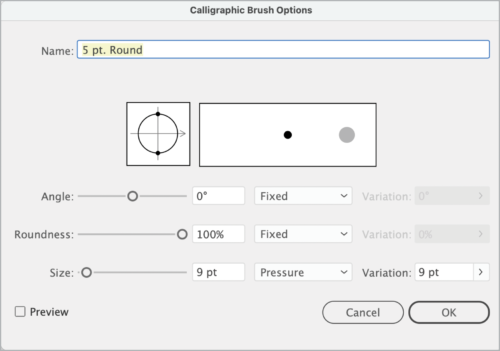 Calligraphic Brush Options dialog box shows sliders for Angle, Roundness, Size.