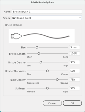 Bristle Brush Options dialog box shows slider options for Round Point brush shape, including Size, Bristle Length, Bristle Density, Bristle Thickness, Paint Opacity, Stiffness.