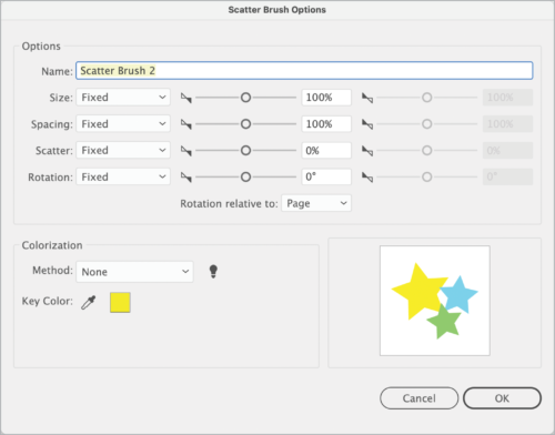 Scatter Brush Options dialog with options for Name, Size, Spacing, Scatter, Resolution, Colorization.