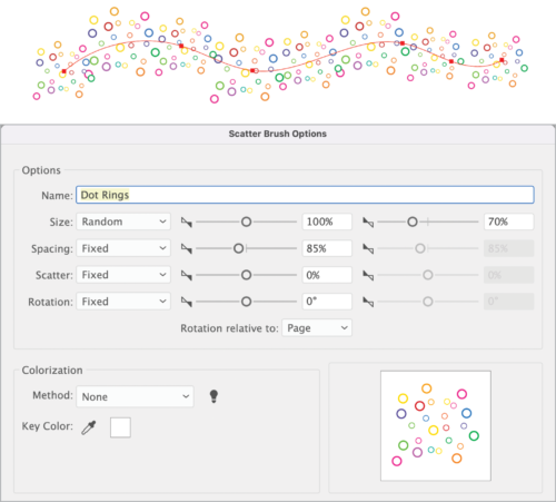 Highlighted path with brush of hollow circles varying in size and color. Scatter Brush Options dialog shows "Dot Rings" brush defined