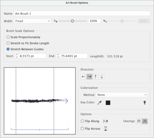 Dialog box for Art Brush Options show Brush Scale Options, Direction, Colorization, and other attributes.