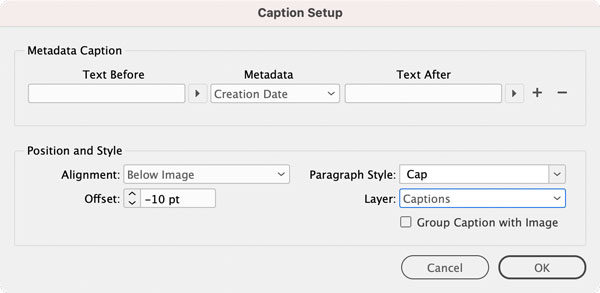Caption Setup dialog box in InDesign
