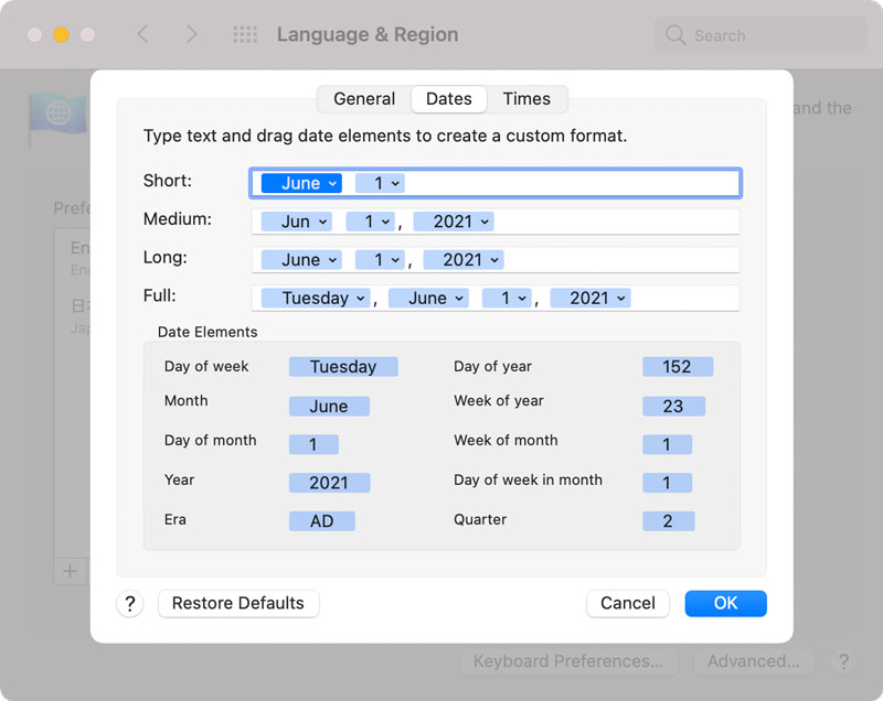 Short Date settings macOS
