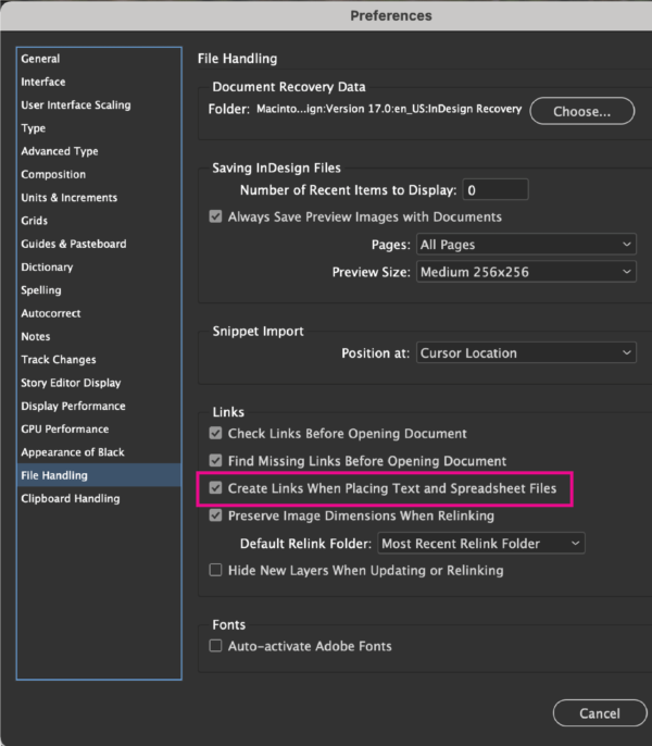 File handling pane in Preferences dialog box. Highlighted with red box is selection of "Create Links When Placing Text and Spreadsheet Files" option.