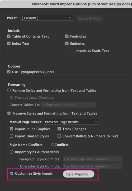 Microsoft Word Import Options dialog box, with red box highlighting selection of option Customize Style Import and button Style Mapping