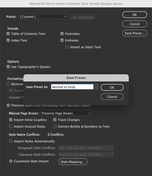 Save Preset dialog box, with Save Preset As named as "Normal to body"