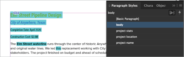 Multiple spans of text highlighted in green, with Paragraph Styles panel showing "body" selected. Symbol [a+] highlighted in top right of panel.