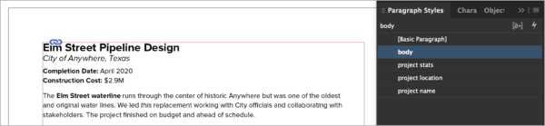 InDesign file with all text styled; Paragraph Styles panel shows selected text as "body" with no overrides