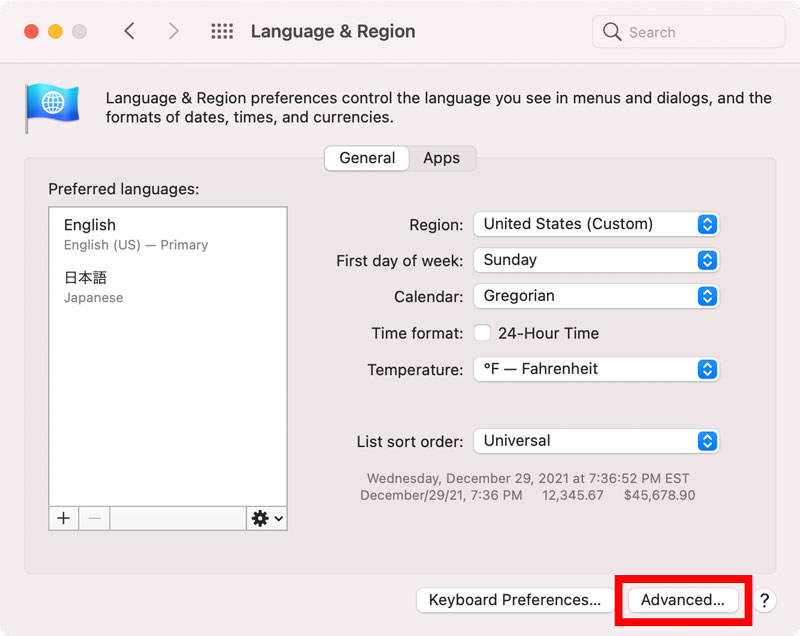 Language & Region settings macOS