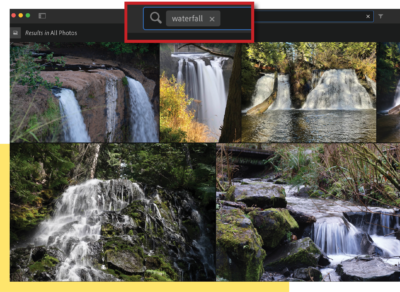 Highlighted keyword "waterfall" in search field