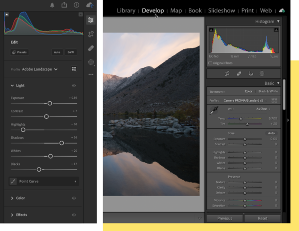 Two screenshots side by side, each showing a histogram and sliders to adjust exposure, contrast, highlights, shadows, whites, and blacks.