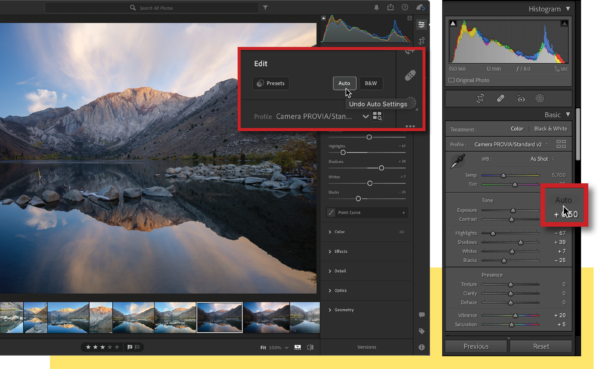 Two screenshots showing the use of the Auto button in Lightroom Classic and desktop.