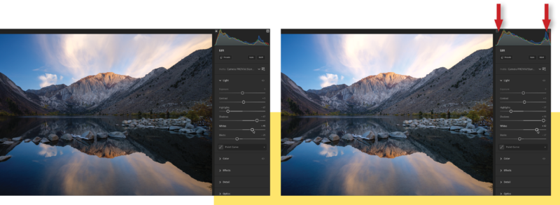 Two screen shots comparing histograms with arrows on the right-hand image pointing to a peak at the left side of the histogram and a second arrow pointing to a second peak about 25 percent from the right side.