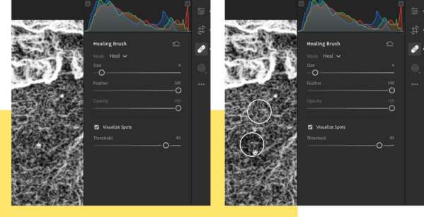 Two images: left, original; right, two circles highlighting images. Healing Brush panel shown. Visualize Spots selected, with Threshold slider at 85.