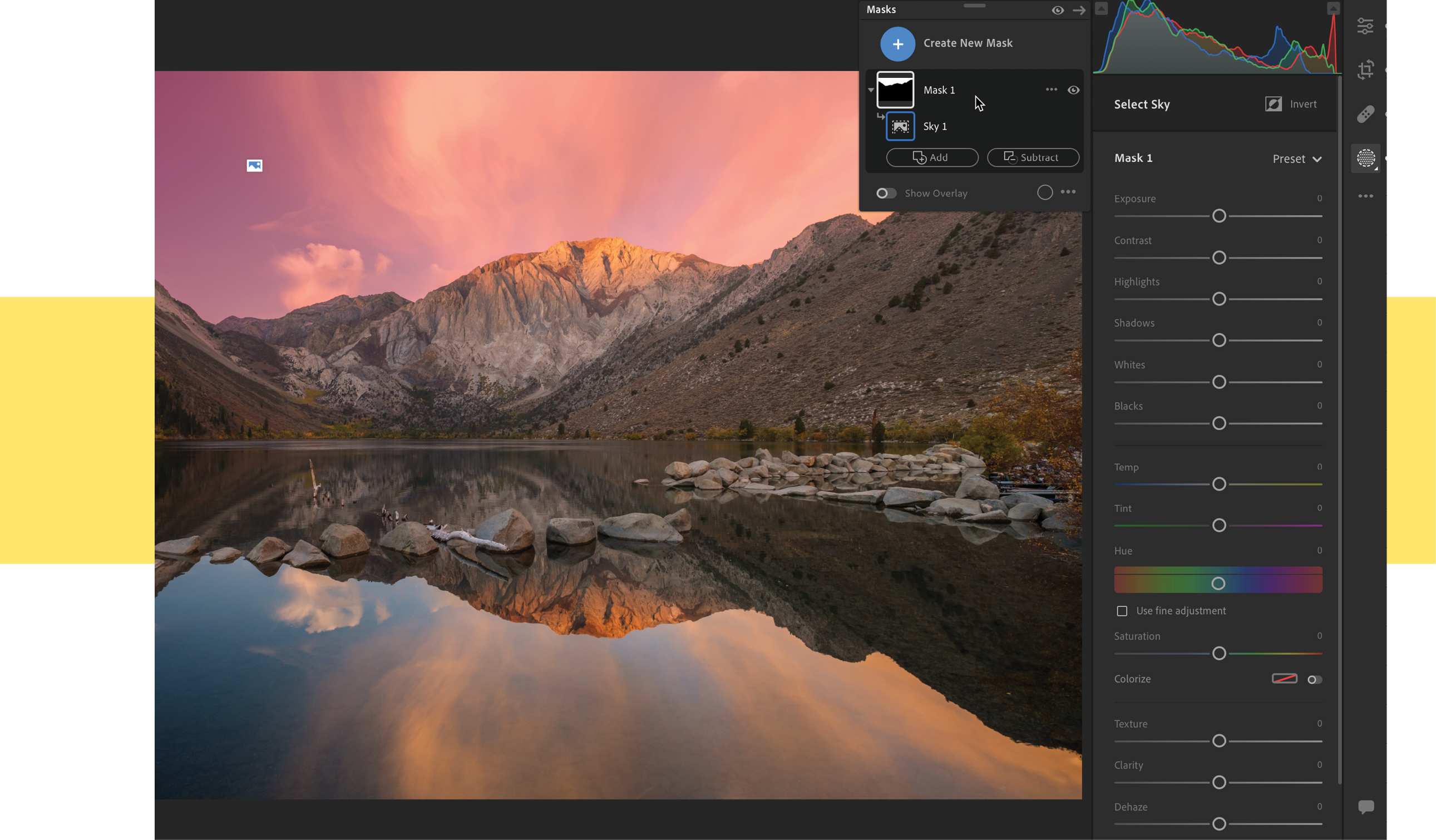 Image with Select Sky panel showing sliders for exposure, contrast, highlights, shadows, whites, blacks, temperature, tint, hue, saturation.