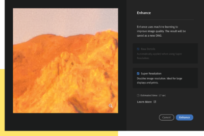 Enhance dialog box with Super Resolution selected.