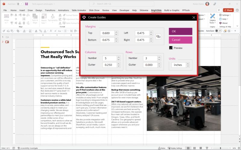 Horizontal 3 column document on screen with Create Guides dialog box. Margins: top, .600; left, .475; bottom, .675; right, .475; Columns, 5, Gutter, .250; Rows, 3, Gutter, 0.000; Units: inches