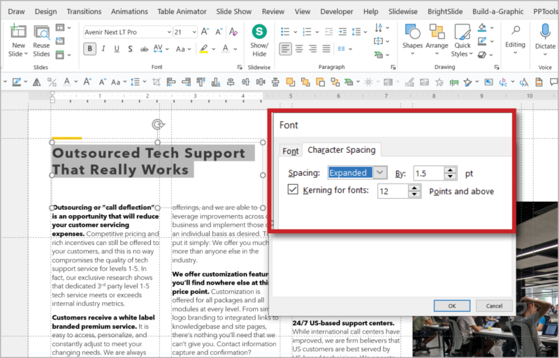 Powerpoint screen with display text selected. Red highlight on Font dialog box, with Character Spacing tab selected. Spacing: Expanded (selected) By: 1.5 pt. Checked: Kerning for fonts: 12 Points and above.