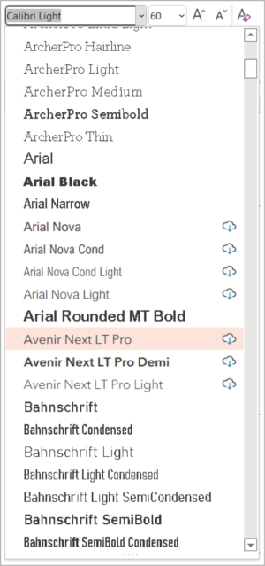 Font menu with Calibri Light in search field and selected in menu.