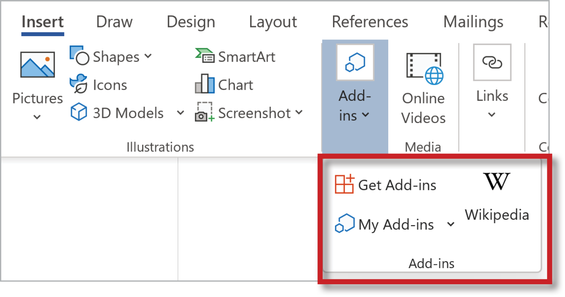 Word screen shot with Add-ins highlighted on toolbar ribbon; popup menu emphasized with red box.