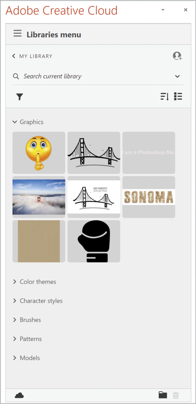 Adobe Creative Cloud CC library interface with Graphics section expanded to display 8 images