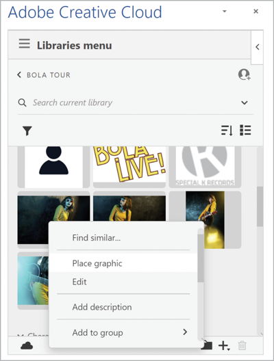 CC library with contextual menu shown, Place graphic highlighted